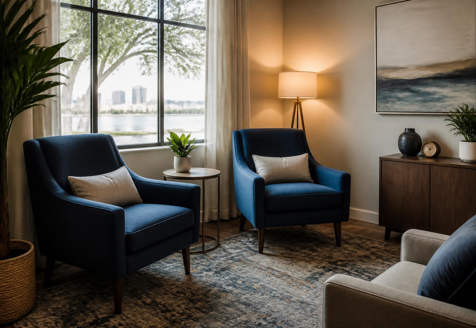 Quiet Jacksonville therapy office with two armchairs by a window
